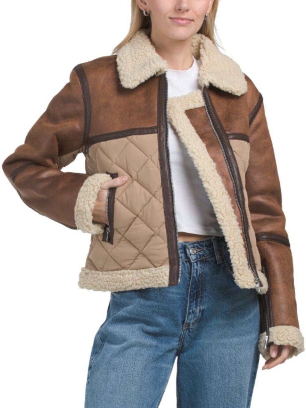 Amapel Faux Shearling Quilted Taupe & Brown Jacket